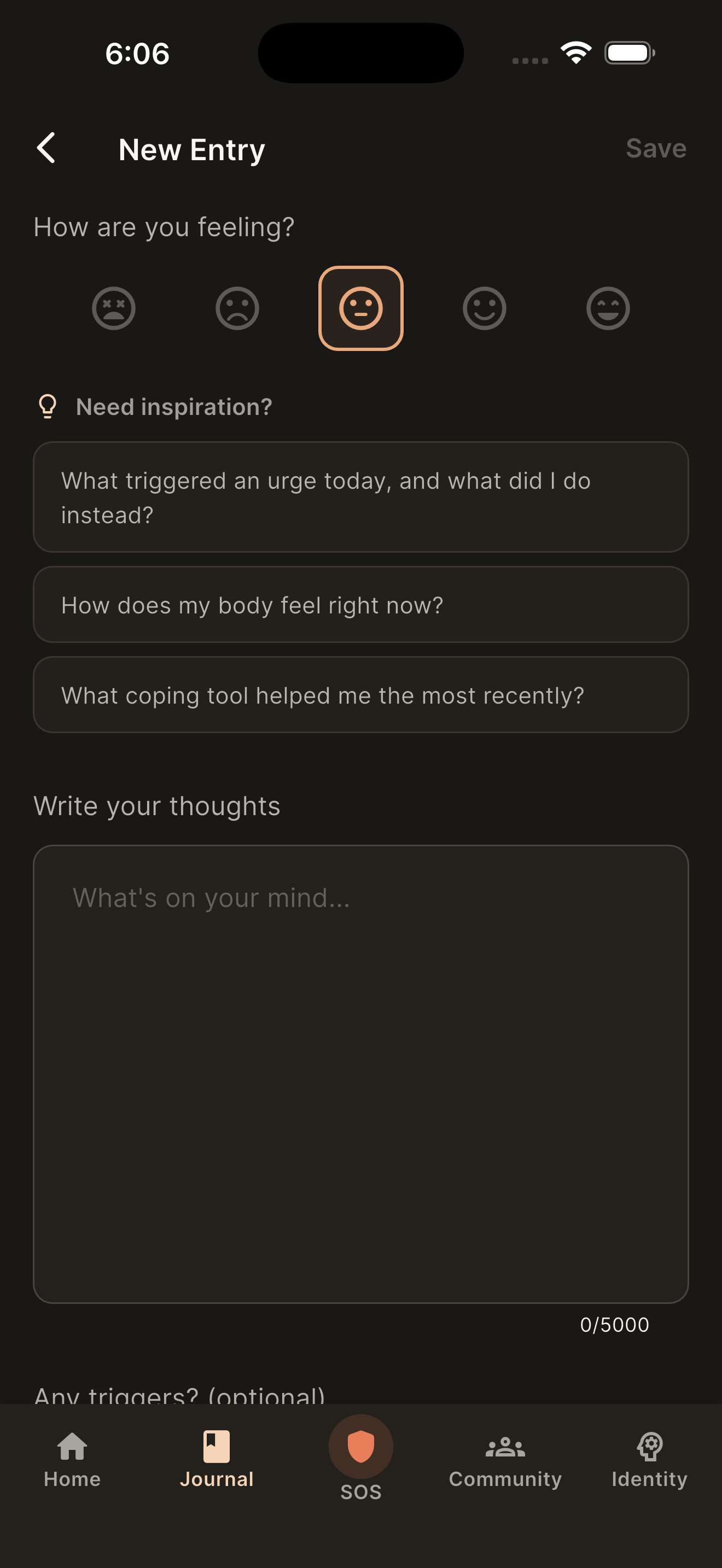 Daily check-in flow with mood selector and journaling prompts