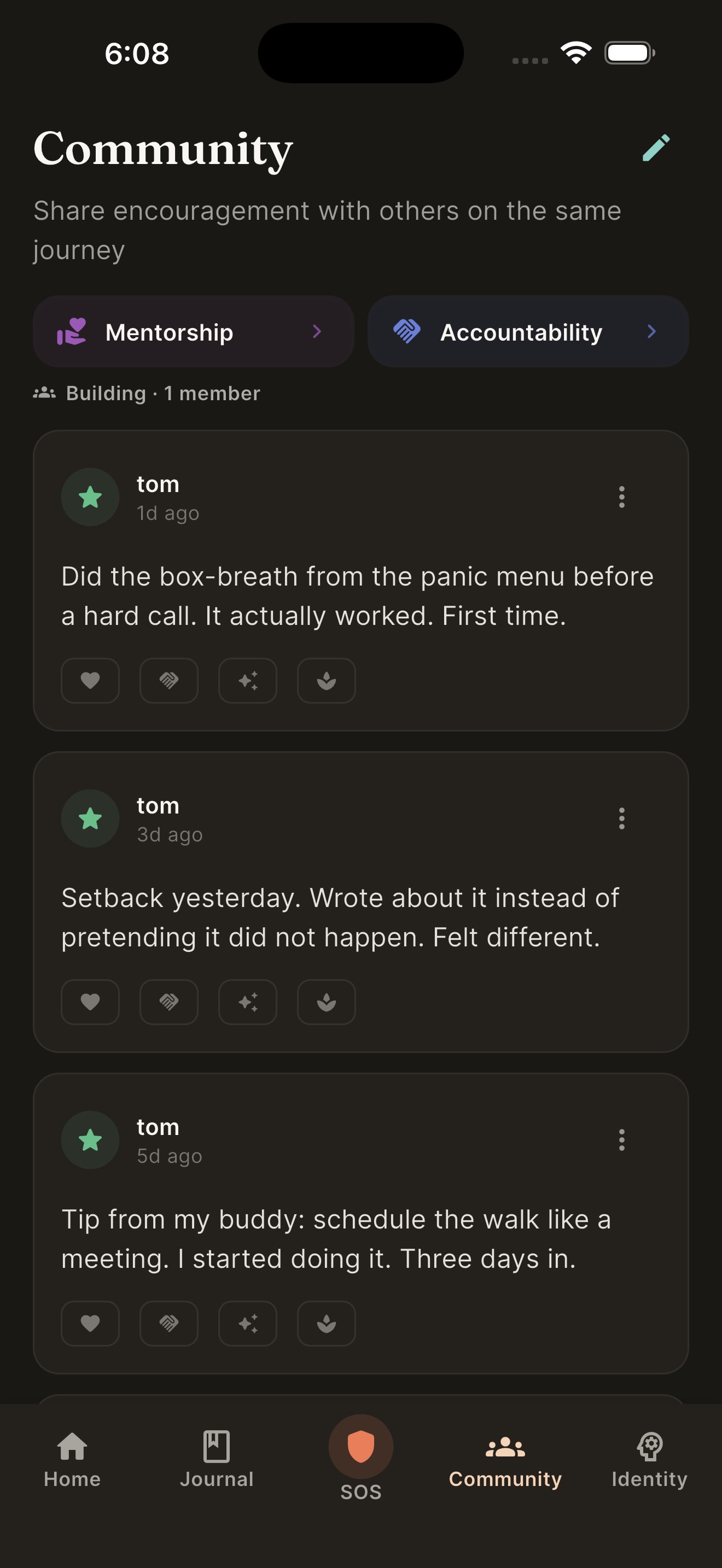 Pseudonymous community feed with cohort posts and accountability pairing