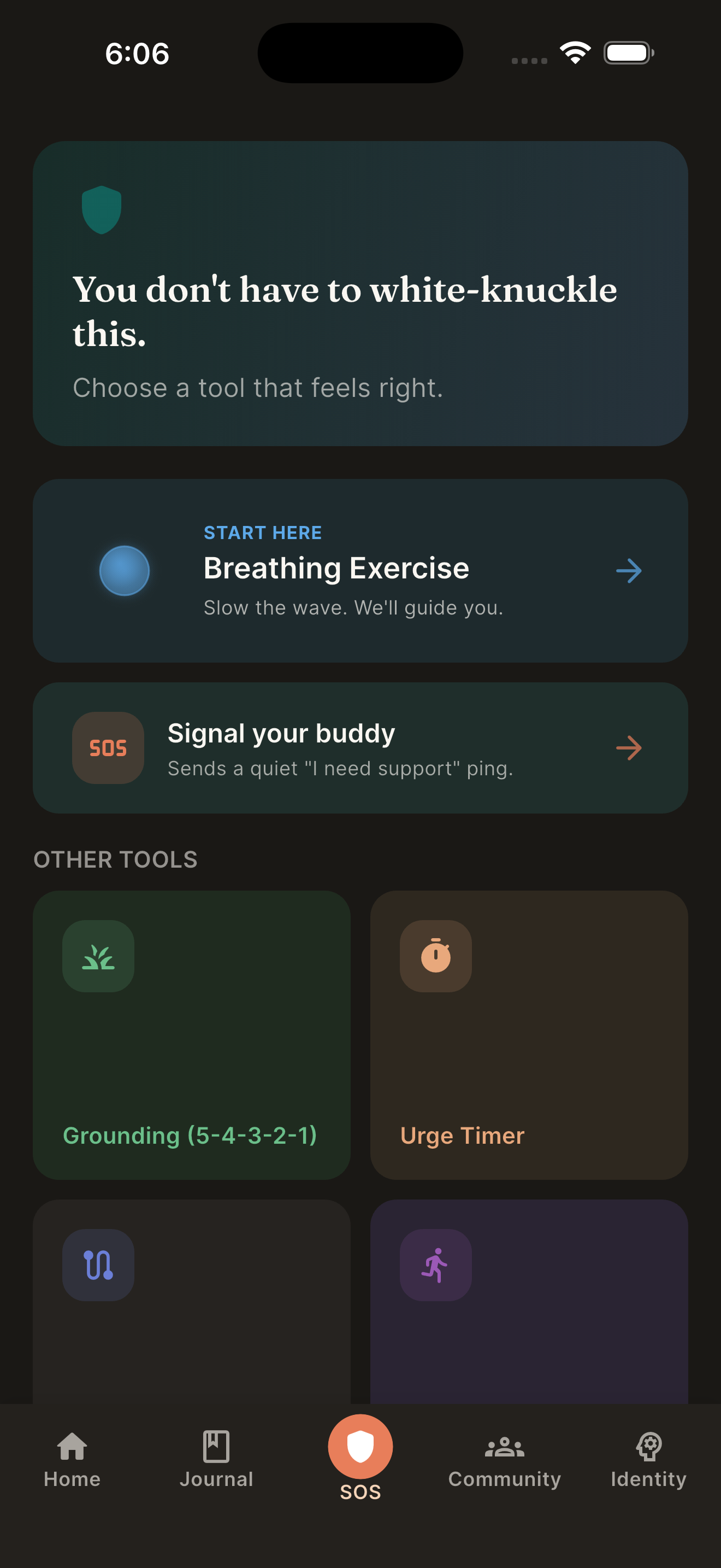 SOS toolkit with breathing, grounding, urge timer, and redirect activities